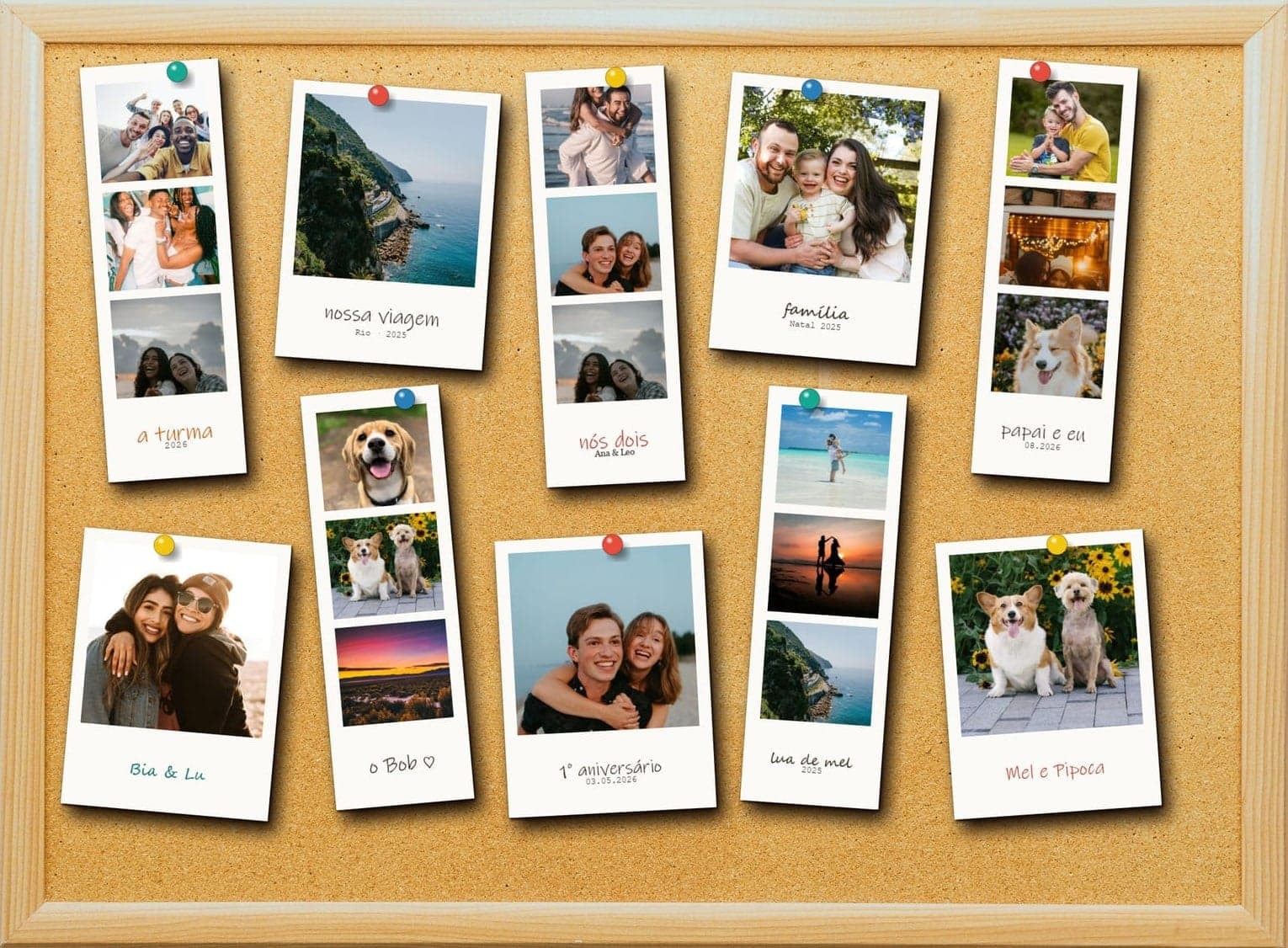 Quadro de cortiça com Polaroids e tirinhas presas com tachinhas, com frases, nomes e datas