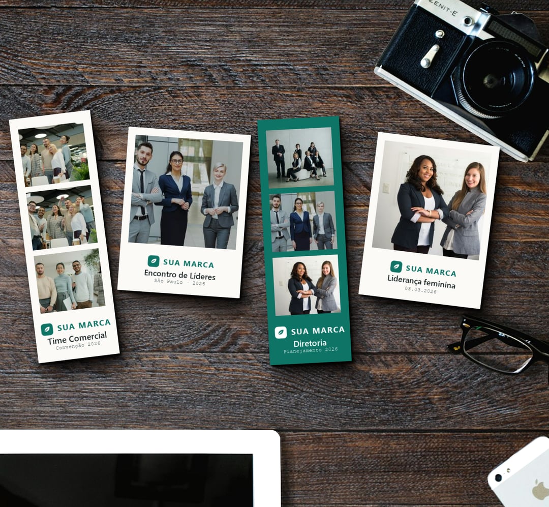 Polaroids e tirinha com o logotipo de uma empresa e fotos de um time de líderes, sobre uma mesa de escritório de madeira escura