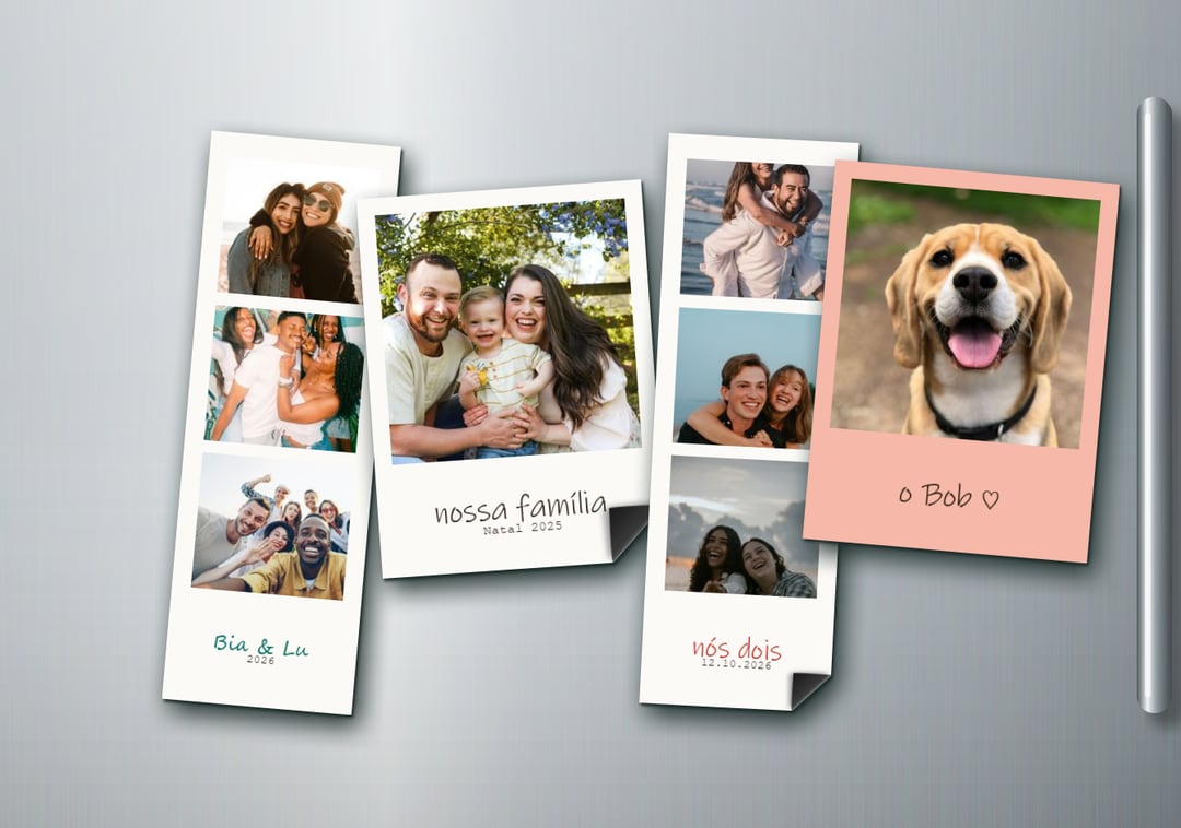 Polaroids e tirinhas com ímã presas na porta de inox da geladeira, com frases, nomes e datas