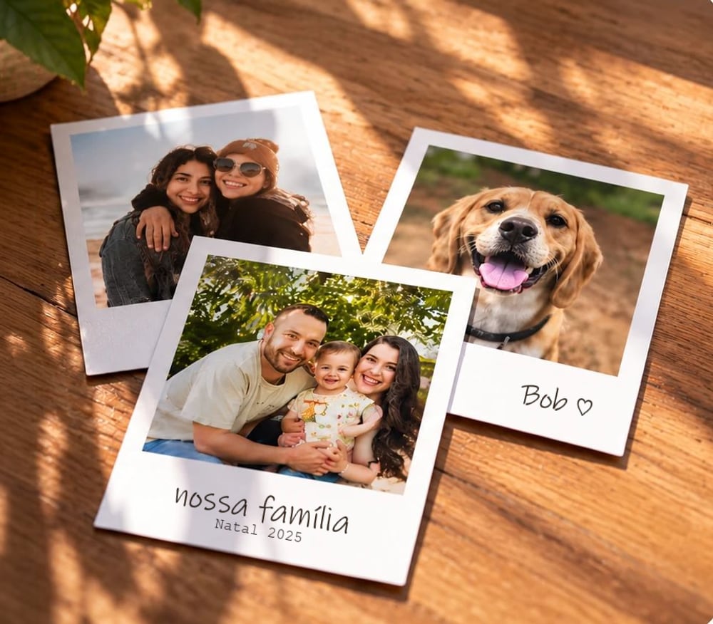 Três Polaroids impressas sobre uma mesa de madeira: duas amigas, uma família e um cachorro